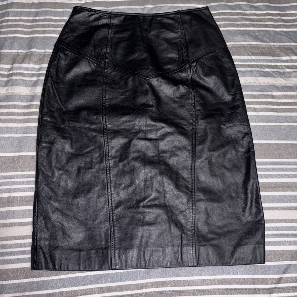 Pelle Cuir Black Leather Pencil Midi Skirt High Waist See Description For Size